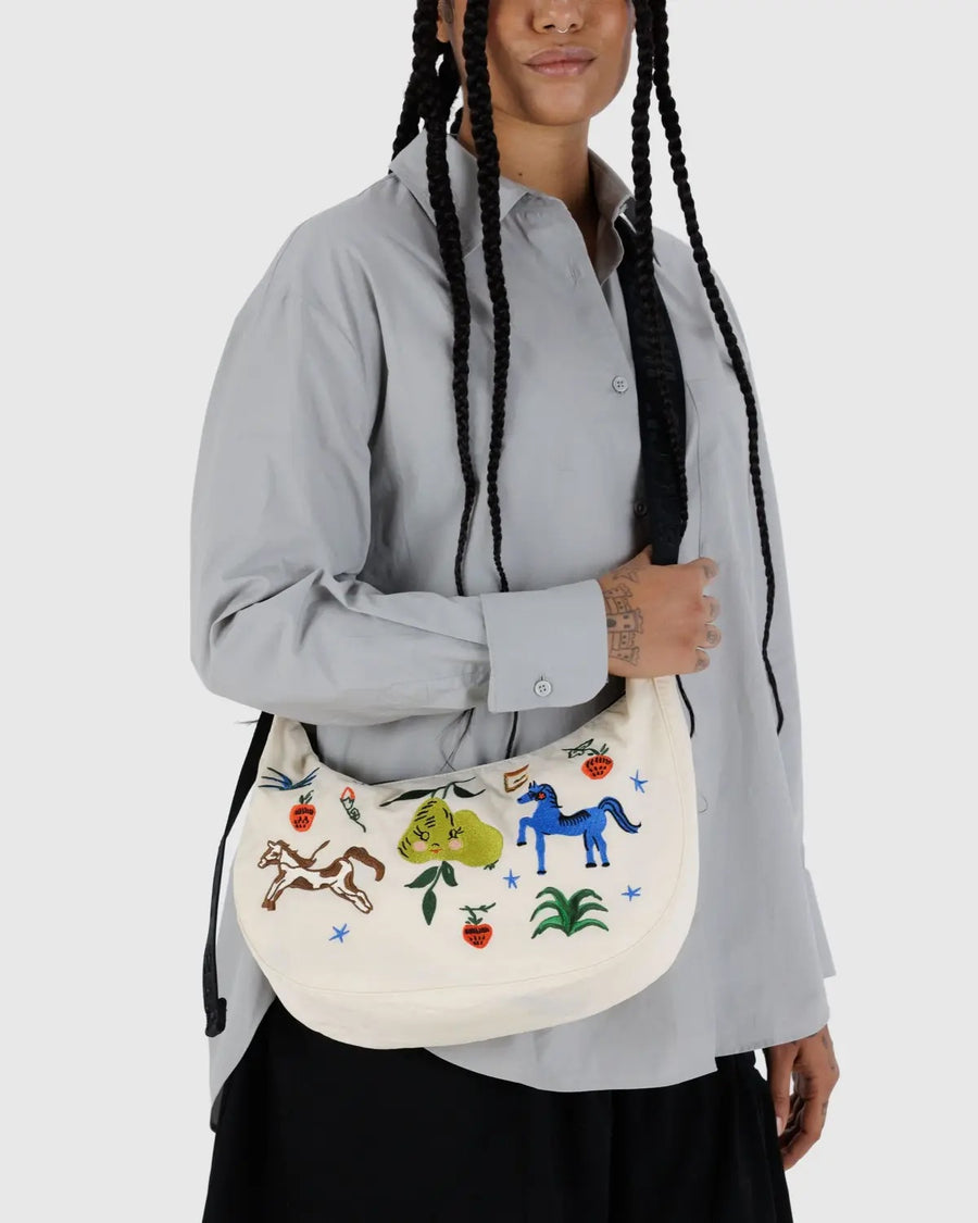 Medium Nylon Crescent Bag - Embroidered Painter Prarie